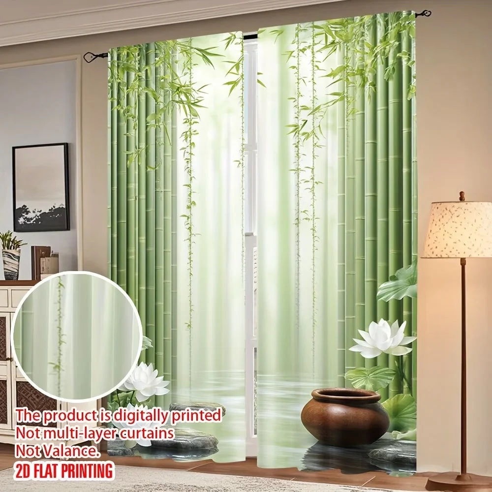 2-Piece Zen Botanical Window Curtains – Bamboo Forest & Lotus Flower Print