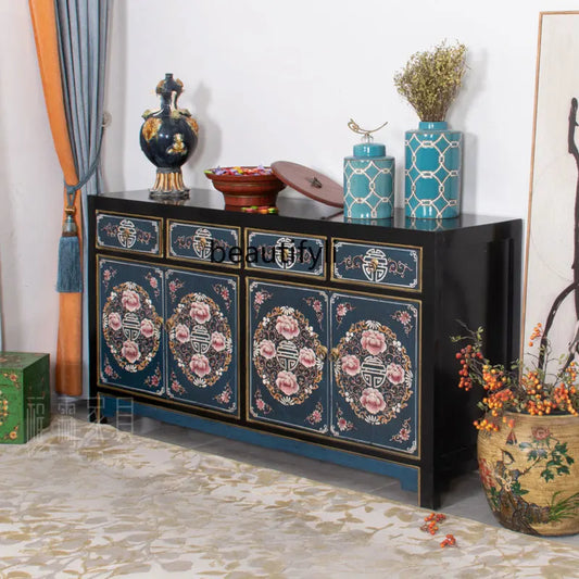 Antique‑Style Chinese Painted Cabinet – Solid Wood Foyer & Living Room Partition (160 × 43 × 85 cm)