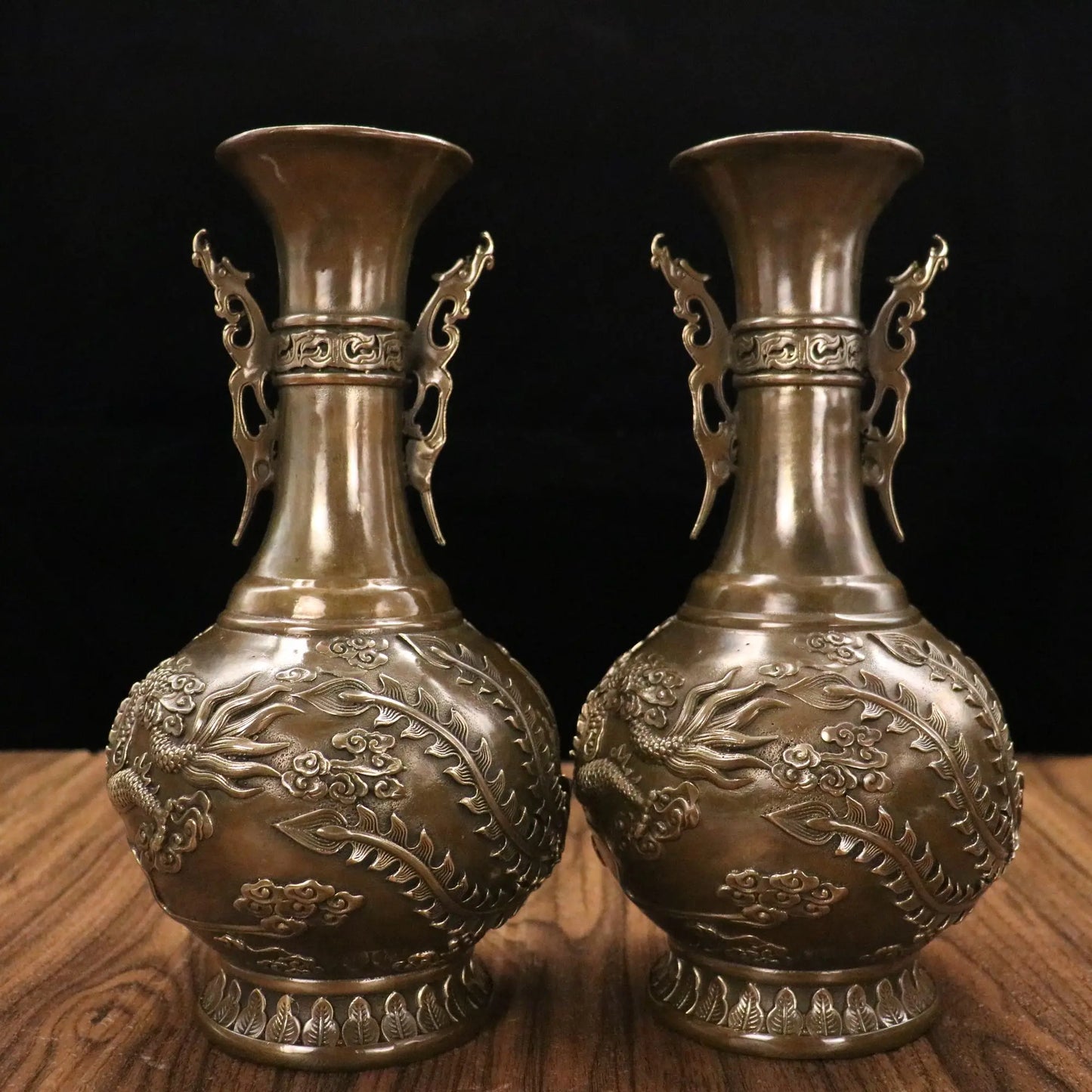 Tibetan Bronze Patina Dragon-Ear Dragon & Phoenix Vases (Pair, 11")