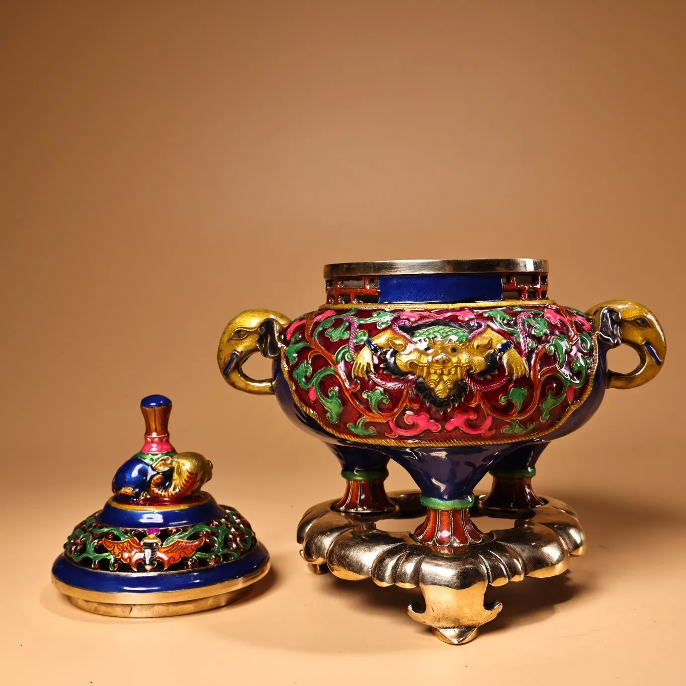 8" Bronze Cloisonné Elephant Incense Burner – Three-Legged Temple Censer