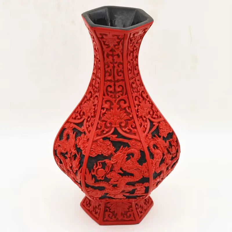 Red Lacquer Dragon Vase, 10" Chinese Auspicious Decor