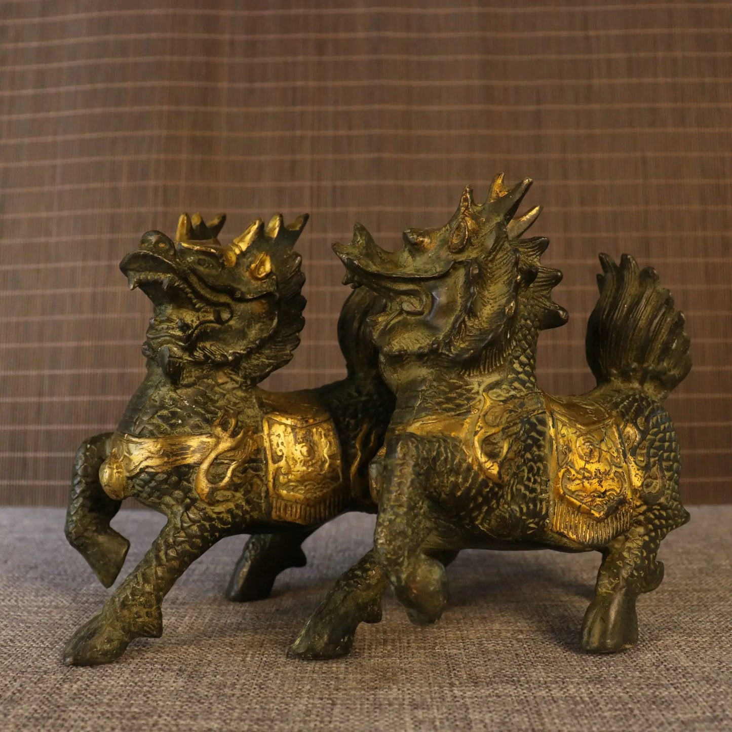 6" Tibetan Temple Collection Old Brass Gilded Kylin Statues (Pair)