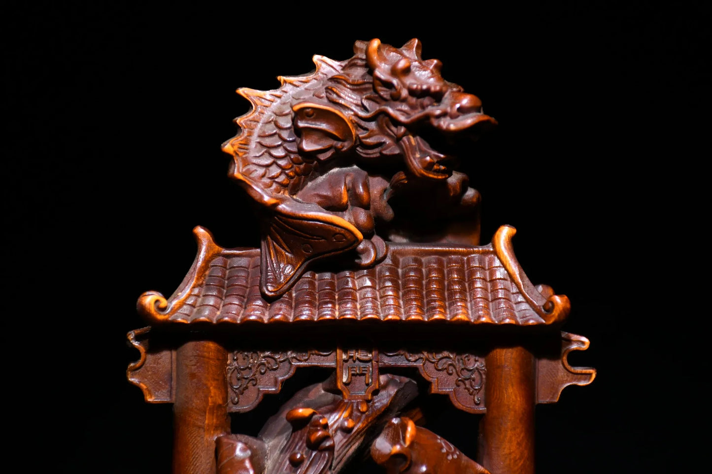 Tibetan Temple Boxwood Carp & Dragon Gate – Promotion & Prosperity Desk Ornament (6")