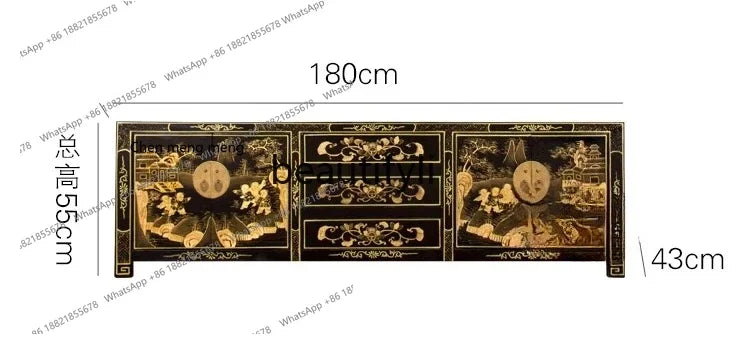 Solid Wood Traditional Gold-Painted Chinese TV Cabinet – Retro Low Credenza (180 cm)