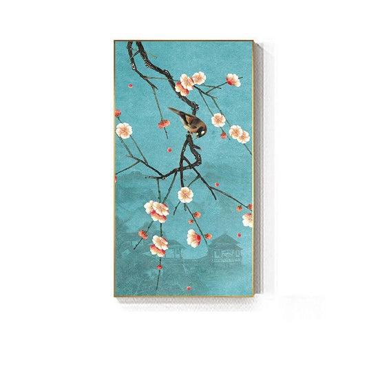 Cherry Blossom Canvas Painting with Blue Green Background