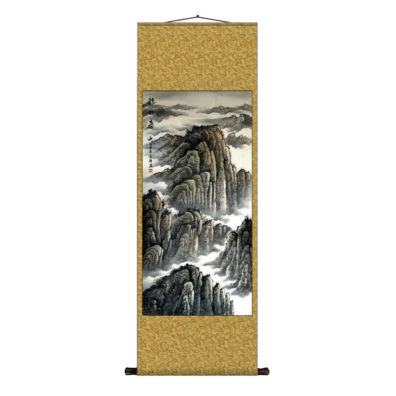 Silk Scroll Decoration Hanging Painting, Landscape Paintings Office Scroll Paintings There Is A Mountain Map Behind The Entrance