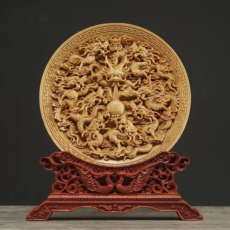 Wood Carving Dragon and Phoenix Round Carving Art Statue High Quality