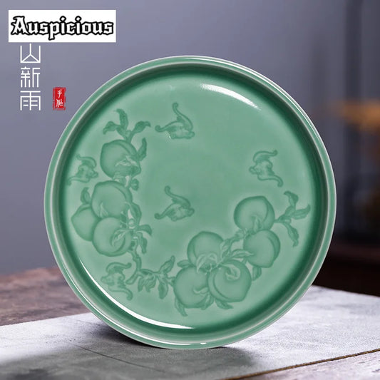 Handmade Celadon “Longevity Peach” Pot Stand – Small Tea Tray & Bearing Holder
