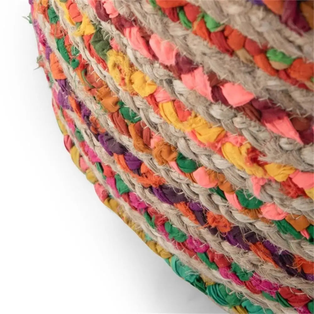 Handcrafted Braided Jute & Cotton Round Pouf Ottoman | 20.1" Woven Footstool