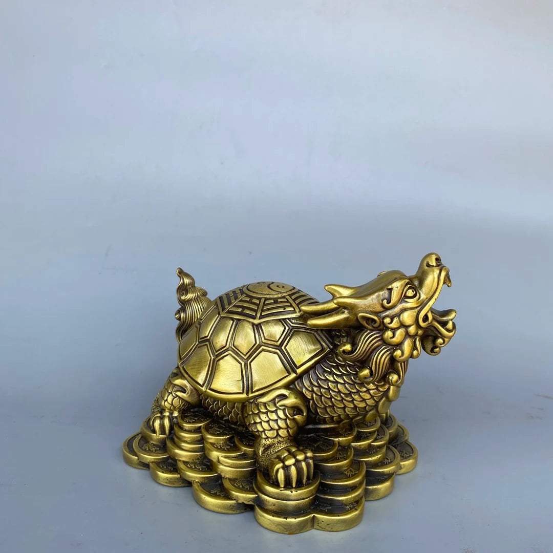 6" Brass Dragon Turtle with Yuanbao Coins – Wealth & Protection Statue