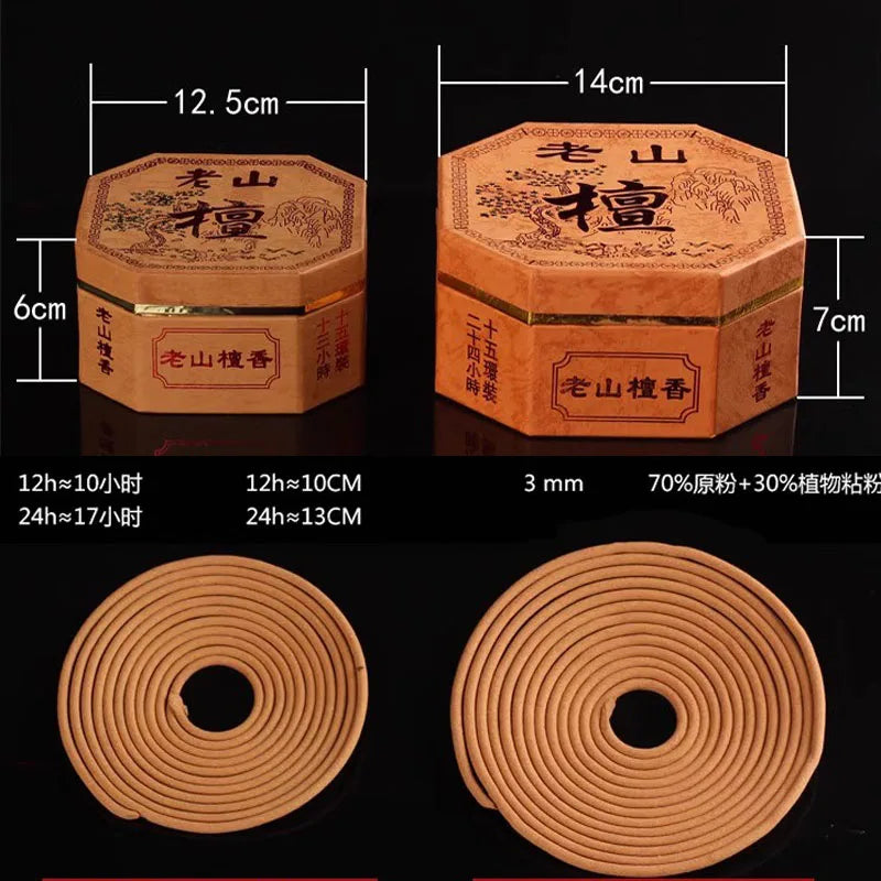 12/24 Hours Natural Laoshan Sandalwood Incense Coils Micro Smoke for Buddha Deodorizing Bathroom and Toilet Coil Incense