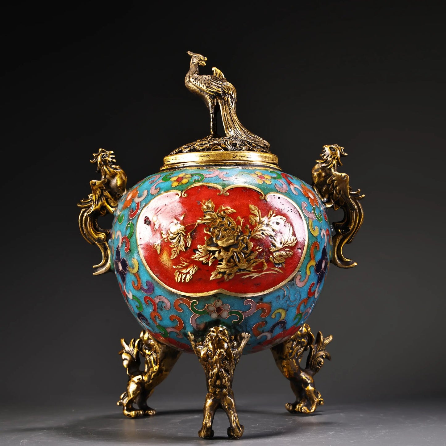 Chinese Dynasty Palace Cloisonne Gilded  Fengshui Wealth Bird Phoenix Incense Burner Censer