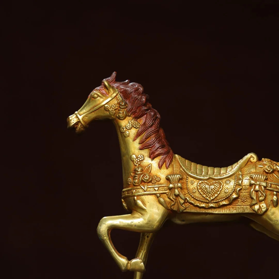 Tibetan Bronze Gilded Cinnabar Tang Horse Statue (10")