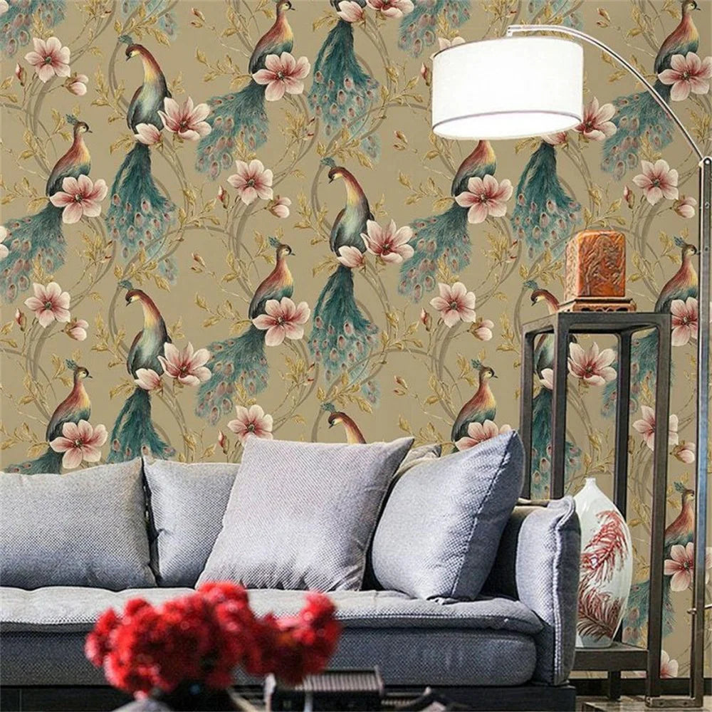 Southeast Asian Floral & Peacock Feather Wall Mural – Exotic Tropical Wallpaper
