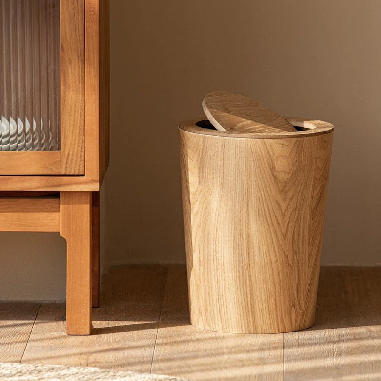 Japanese Minimalist Wooden Trash Can For Home Use