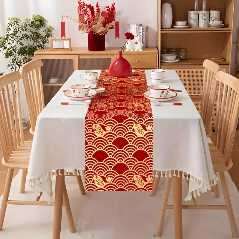 Chinese New Year Red Linen Table Runner – Festive Horse Zodiac Spring Festival Dining & Party Decor