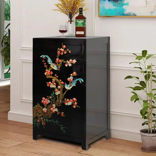 Hand-Painted Chinese Lacquer Bedside Cabinet & Sofa Side Table