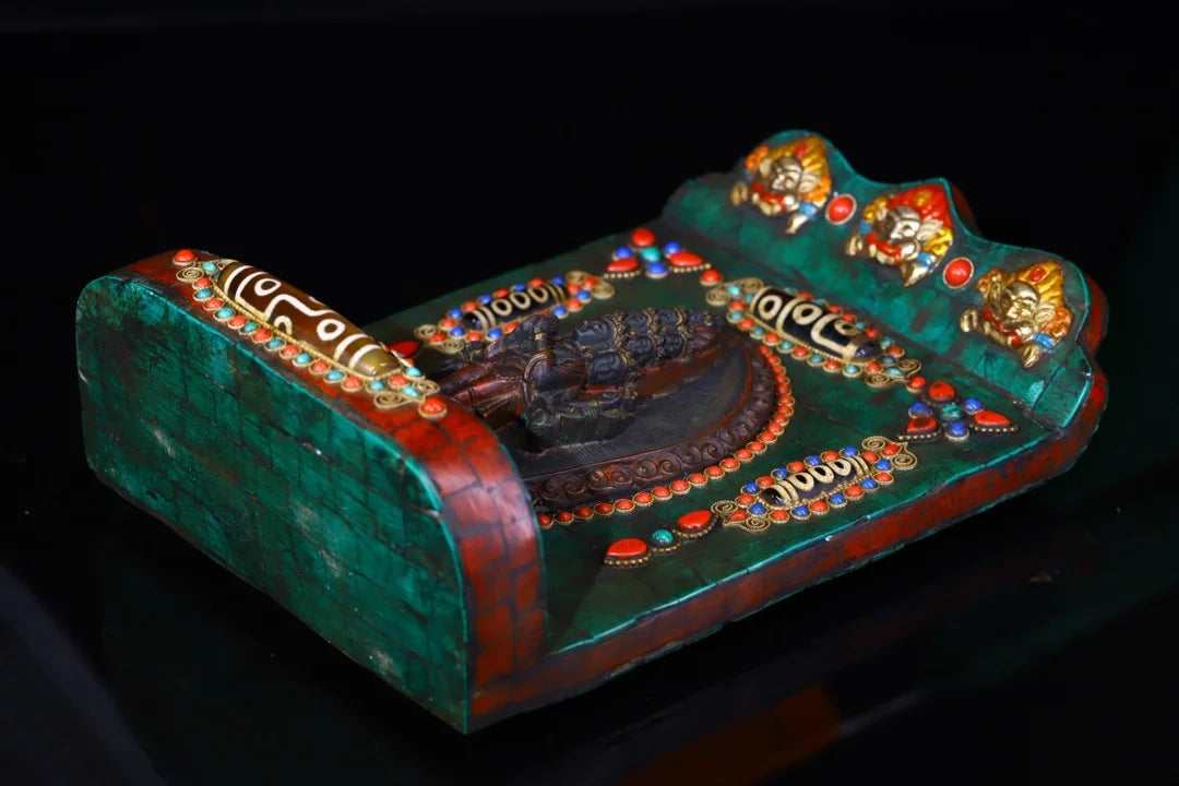 9" Tibetan Temple Collection Old Bronze Mosaic Gem gZi Beads Turquoise 1000-Arm Guanyin