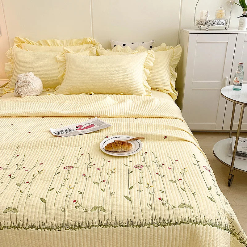 Korean Ruffle & Floral Embroidered Summer Quilt – Lightweight Cooling Bedspread & Coverlet