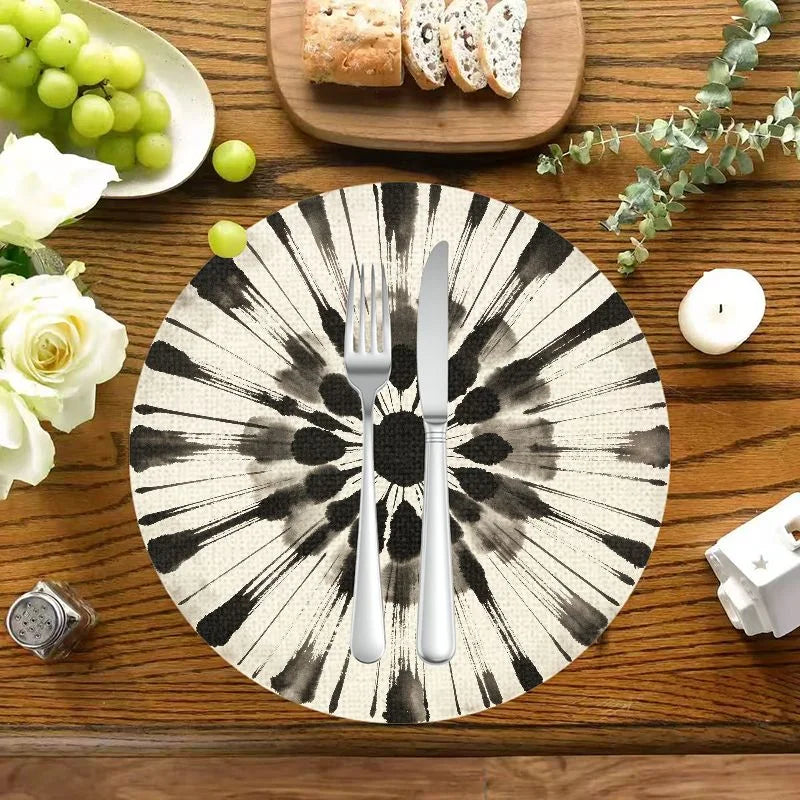 Vikama Wabi-Sabi Round Placemat – Black & White Distressed Texture or Floral Dining Mat