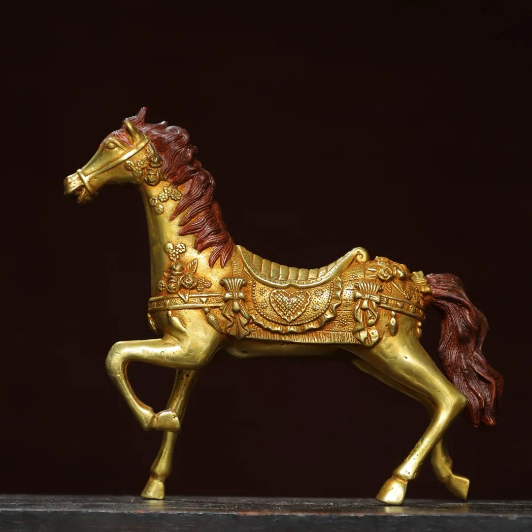 Tibetan Bronze Gilded Cinnabar Tang Horse Statue (10")