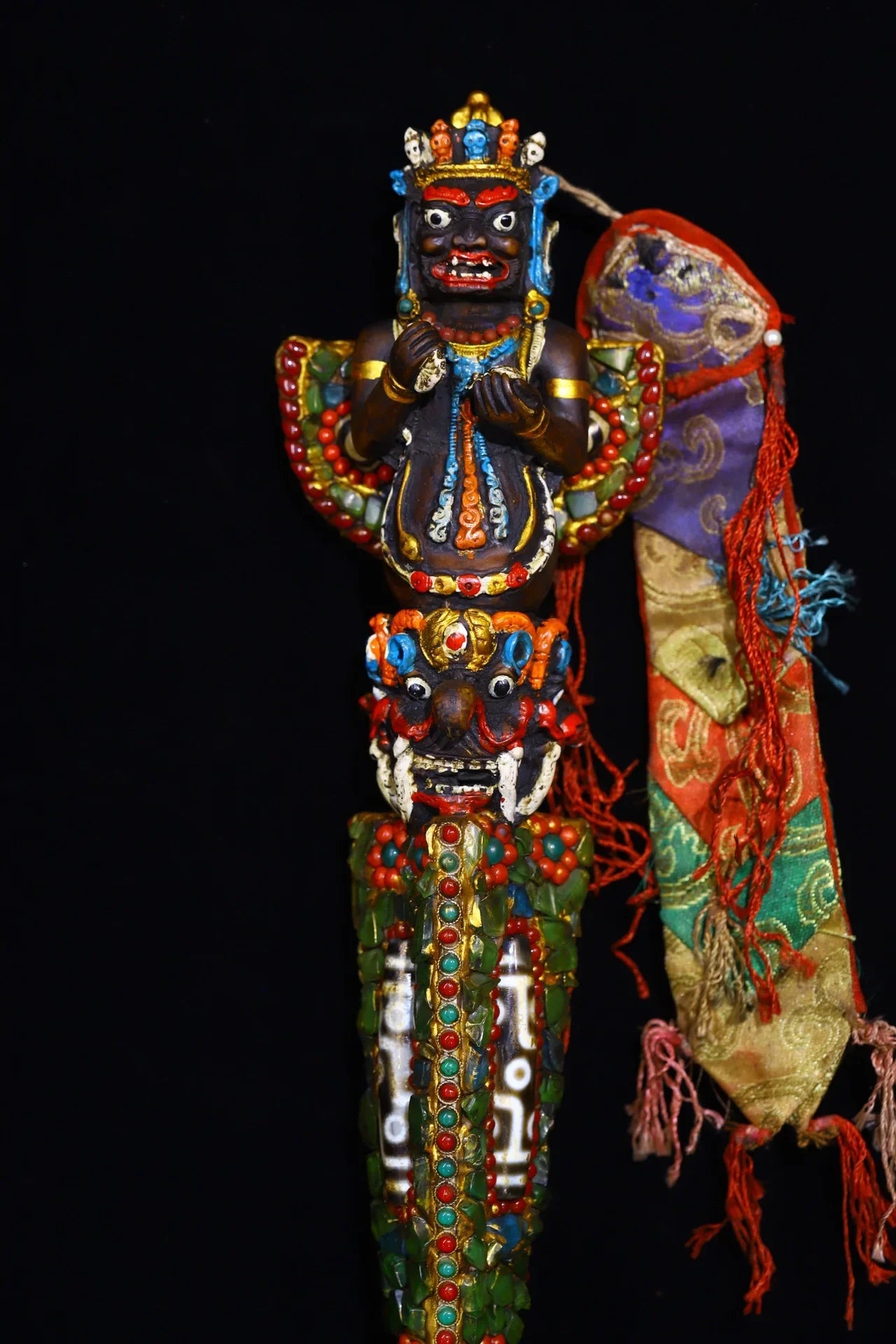 13"Tibetan Temple Collection yak bone Mosaic Gem gZi Beads Shell Puba Vajra Buddha  Head Vajra Phurpa Amulet Dharam Town house