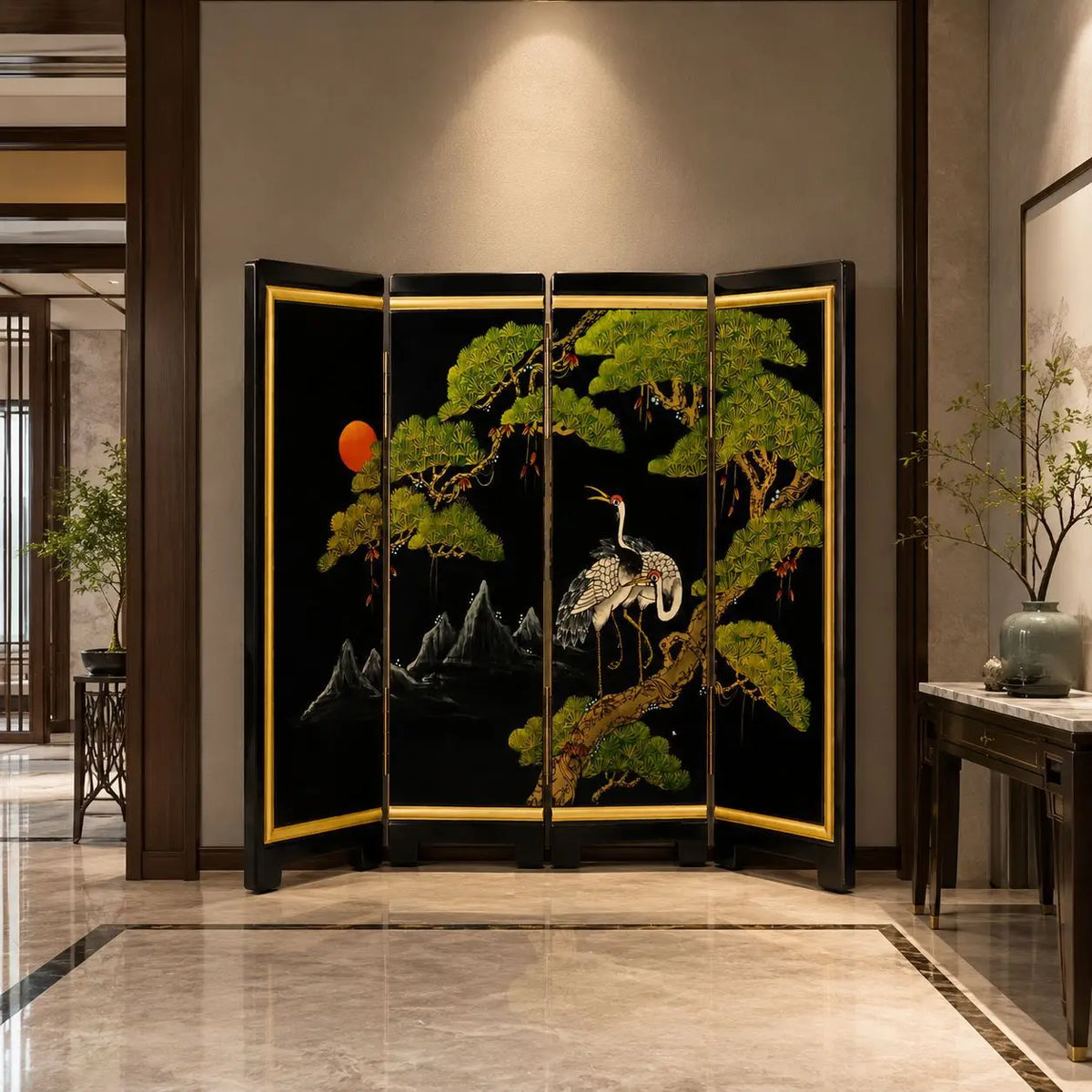 Hand-Painted Chinese Lacquer Folding Screen | Bird & Flower Room Divider