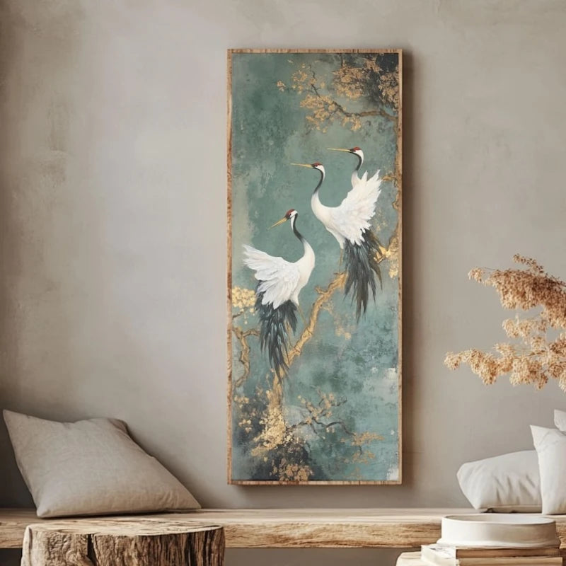 Japanischer goldener Kranich-Deko-Poster, luxuriöse Leinwandmalerei, vertikales rahmenloses Wandbild für den Eingangsbereich