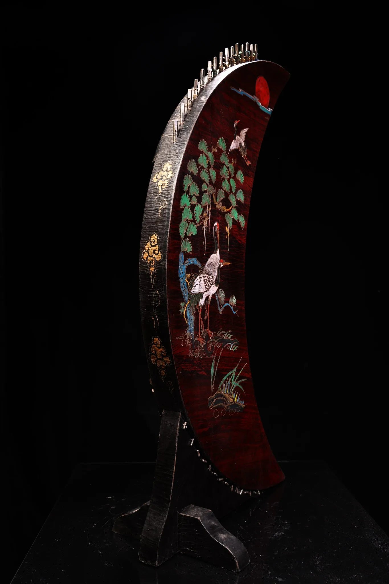 35" Nepalese Crescent Moon Guqin – Lacquered Crane Instrument Asian Home Decor