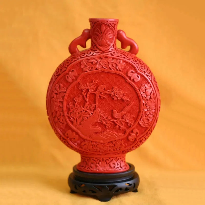 11 Zoll rote Lackvase mit Blumen- und Vogelmotiv – Glücksbringer – Asiatische Heimdekoration