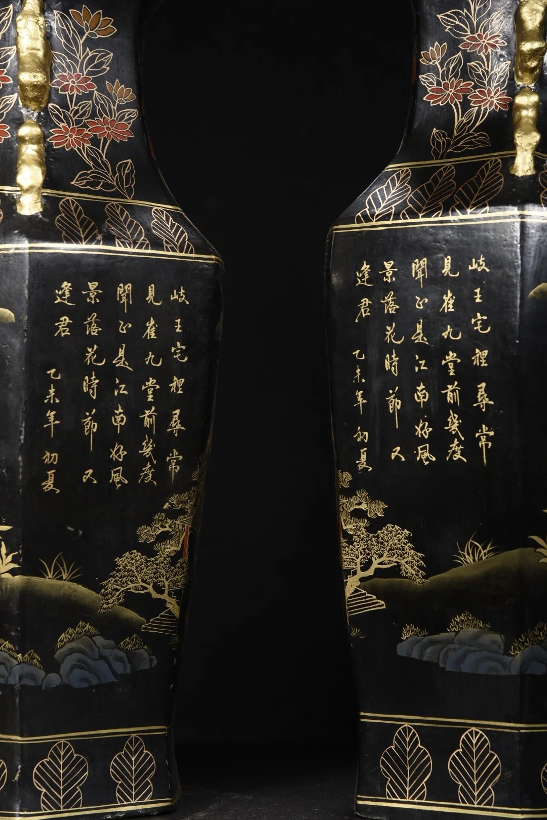 22"Tibetan Temple Collection Old Wood Lacquerware Outline in gold Tlandscape Pattern poetry Hexagonal Bottle Vase A Pair