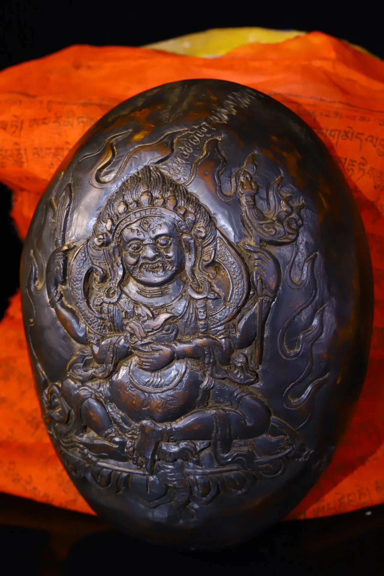 6"Tibetan Temple Collection Old Gabala Bowl  Tibetan silver Skull Head Four-armed Mahakala Buddha Dharma Ornaments Town House