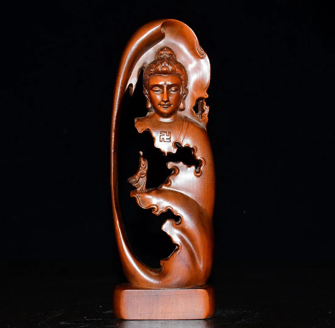 8"Tibetan Temple Collection Old Boxwood Sakyamuni Buddha Wuxiang Buddha Amitabha All Buddhas have fate Worship Hall Town house