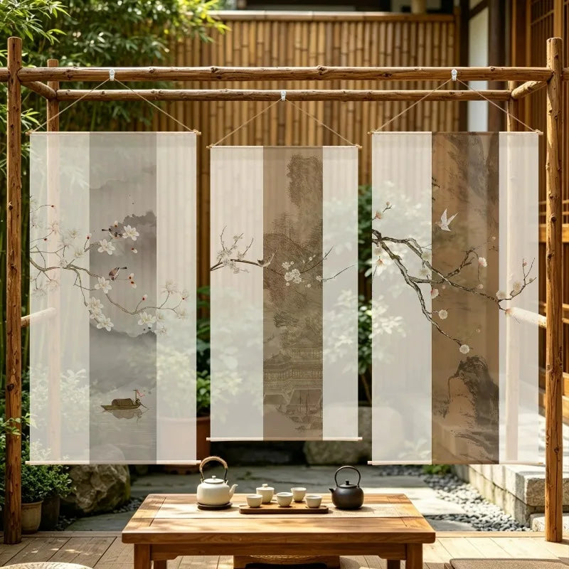Japanese Zen Sheer Gauze Hanging Room Divider | Tea Room & Meditation Drape