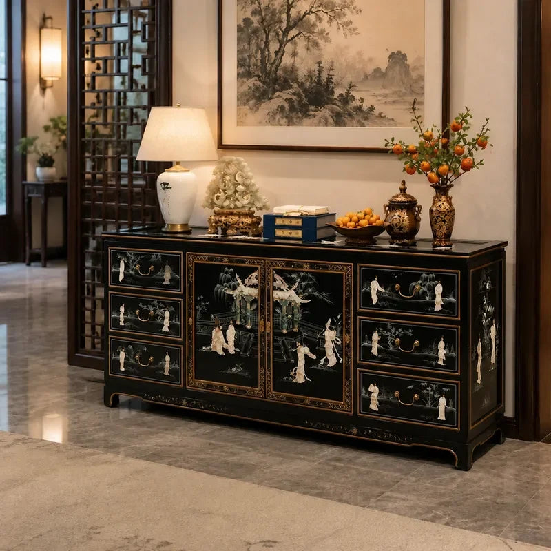 Piano Finish Solid Wood Six Drawer Two Door Cabinet Dining Sideboard with Mother of Pearl Inlay Ming Qing Style Classical
