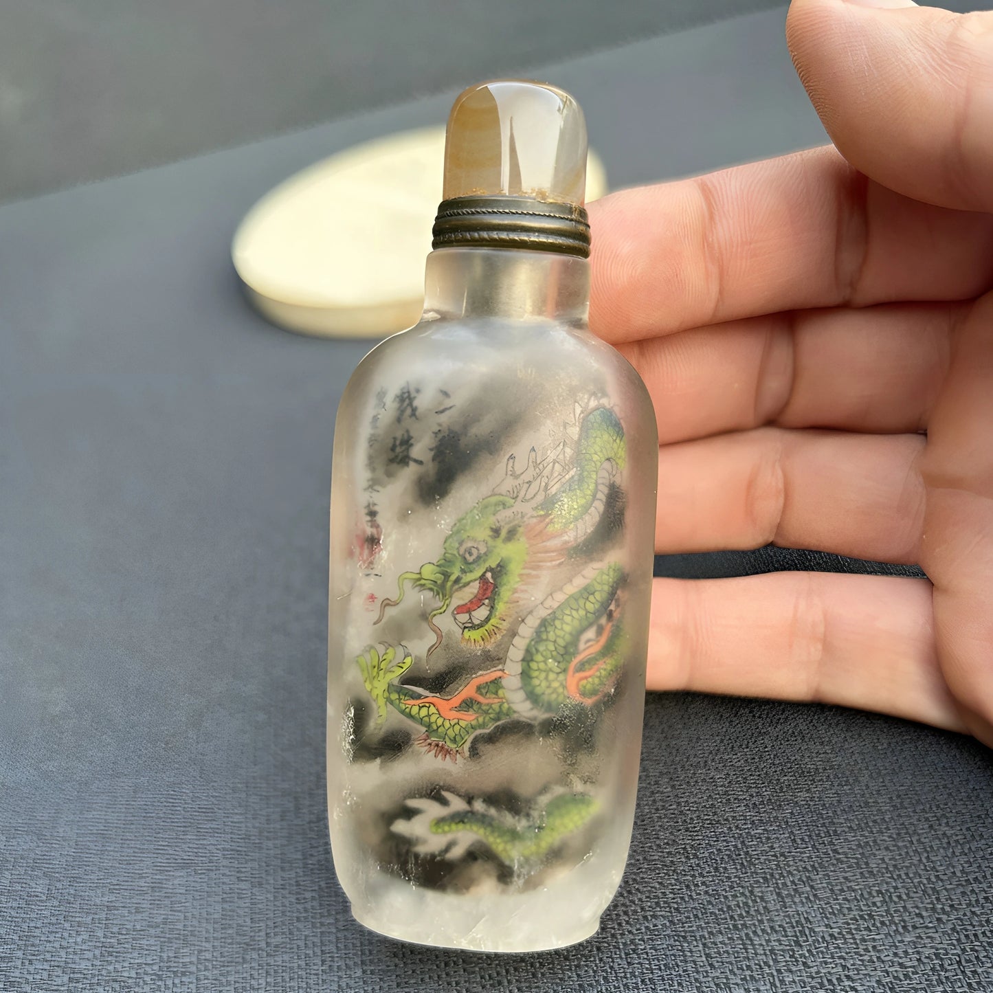Antique Chinese Snuff Bottle with Natural Crystal and Inside Painting - Dragon Design
