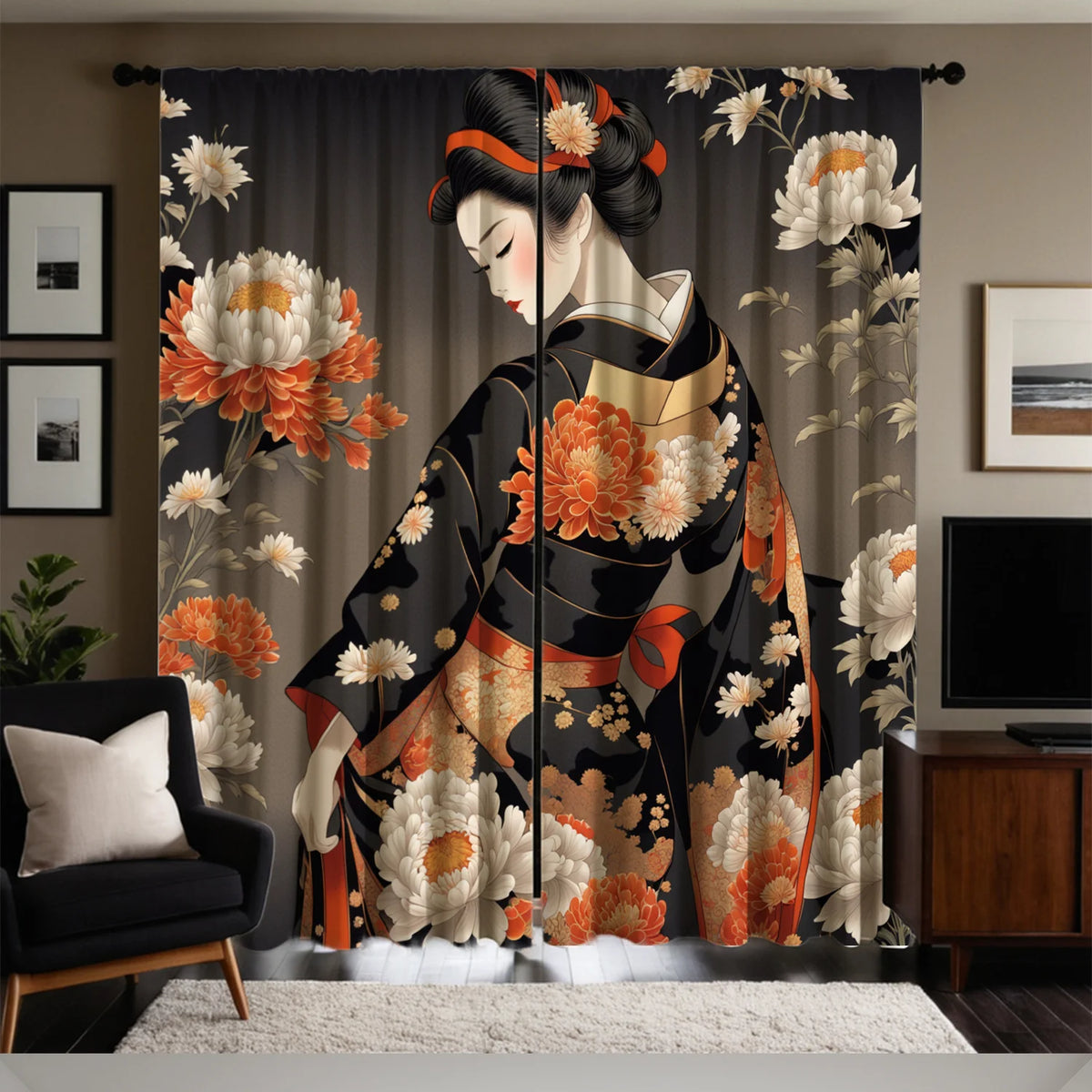 Japanese Geisha & Kimono Art Window Curtains – Traditional Oriental Drapes (2 Panels)