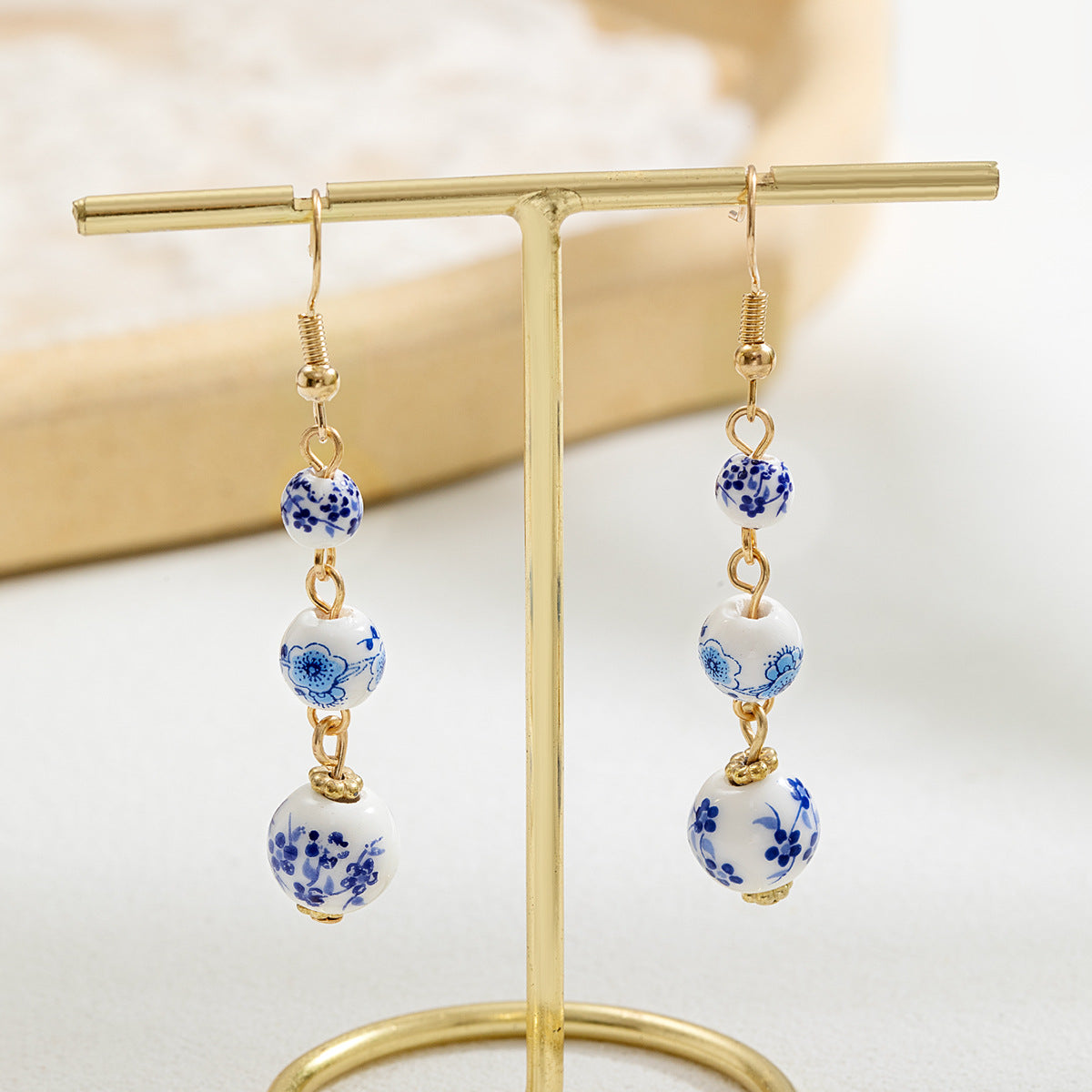 Blue and White Porcelain Bead Long Dangle Earrings