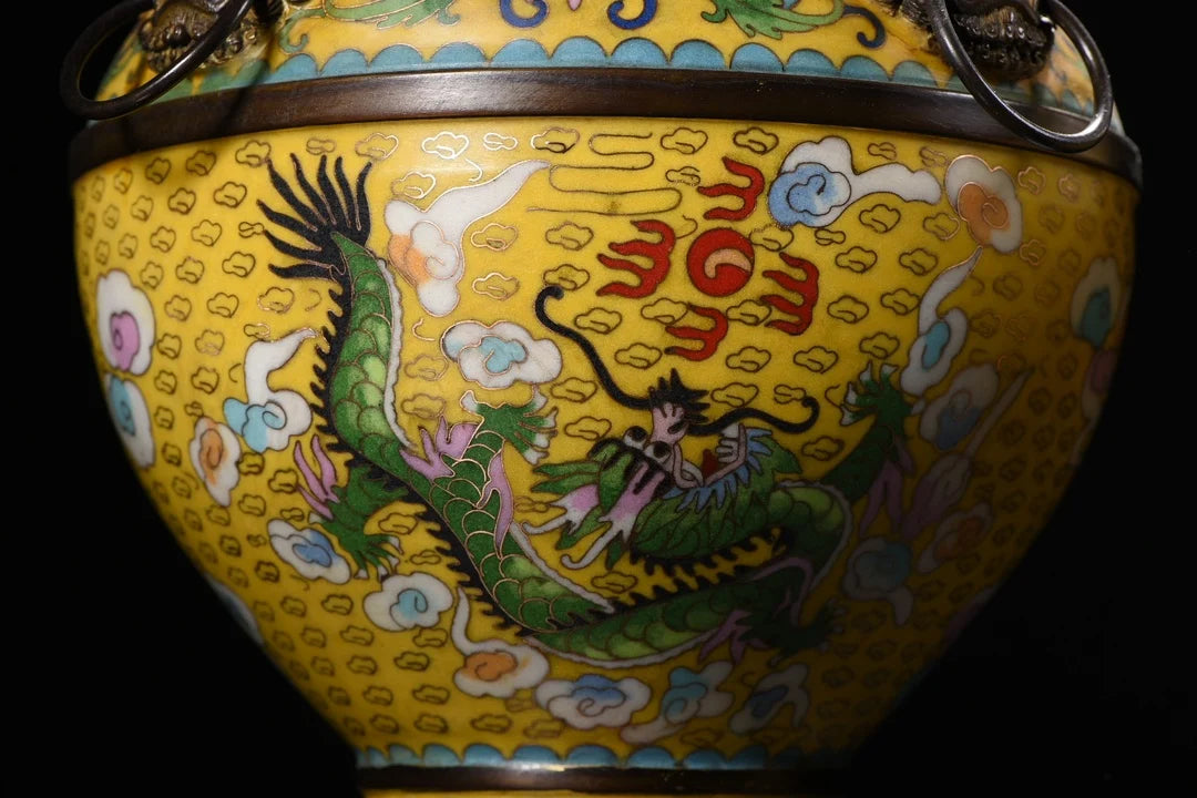Tibetan Bronze Cloisonné Dragon & Phoenix Vases (Pair, 12")