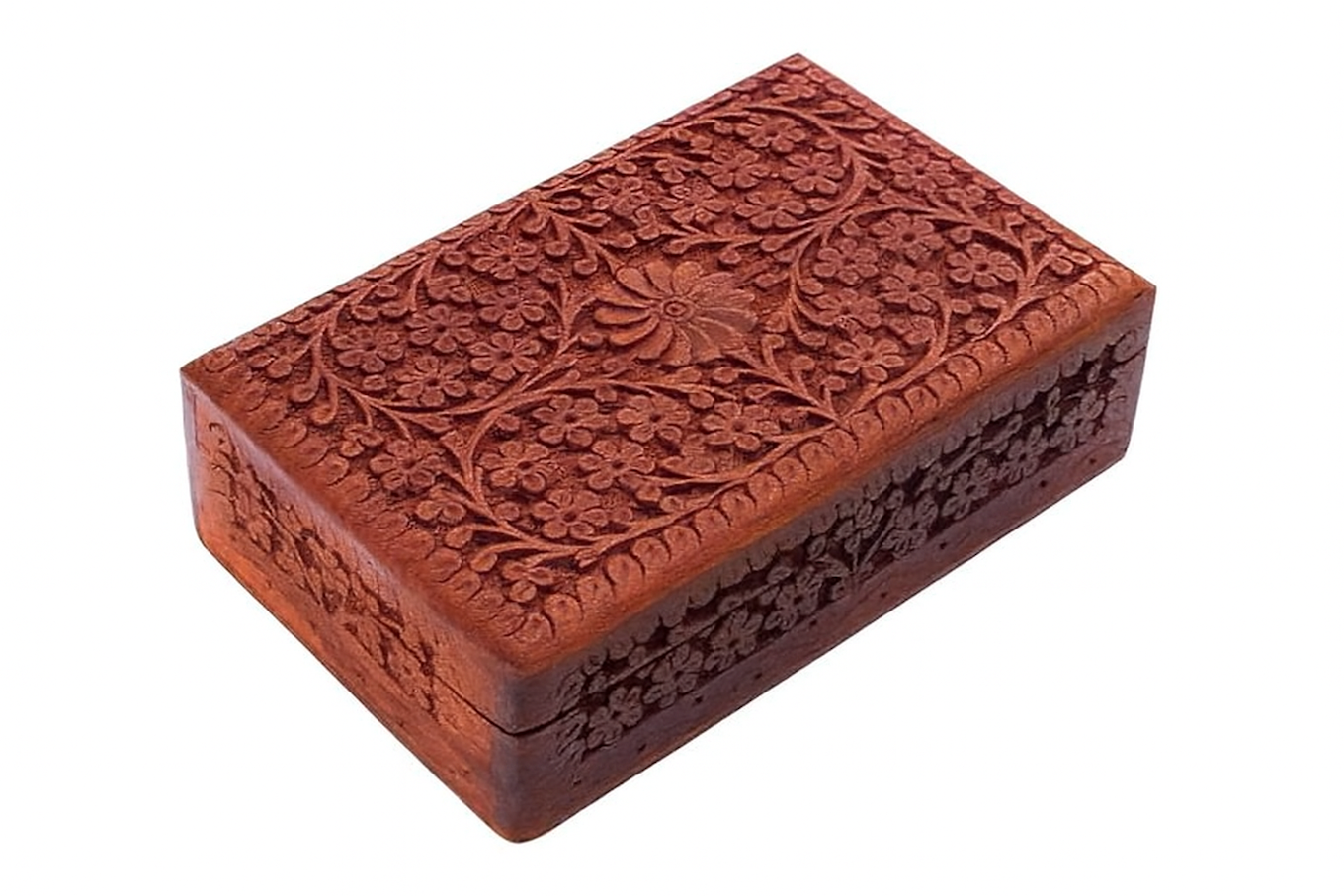 Hand-Carved Wooden Jewelry Box with Flowers