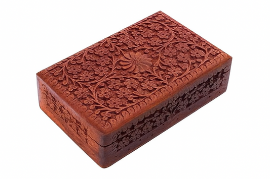 Hand-Carved Wooden Jewelry Box with Flowers