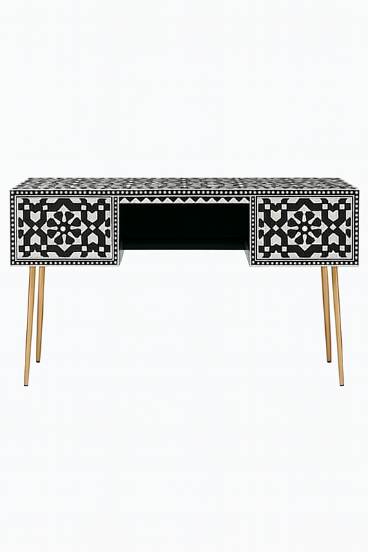 Gorgeous Black & White Bone Inlay Desk w/Gold Legs