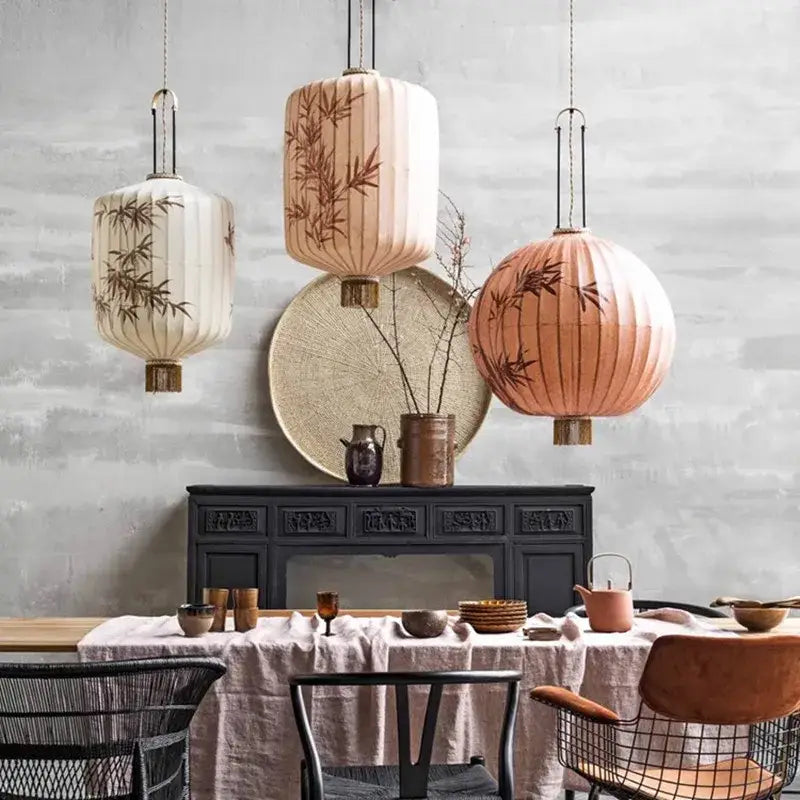 Handmade cream & peach bamboo lantern pendant light