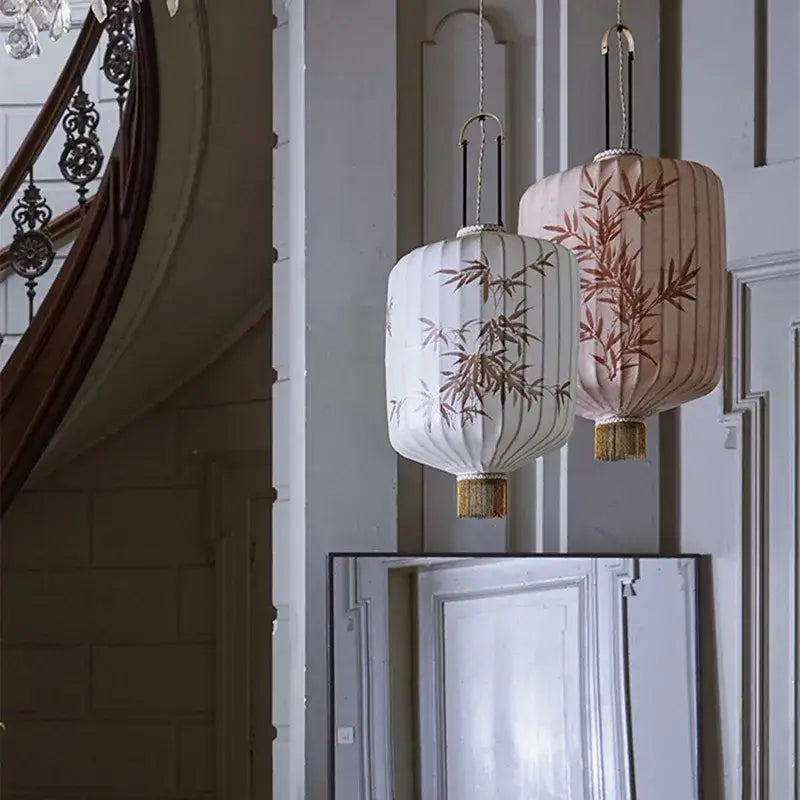Handmade cream & peach bamboo lantern pendant light