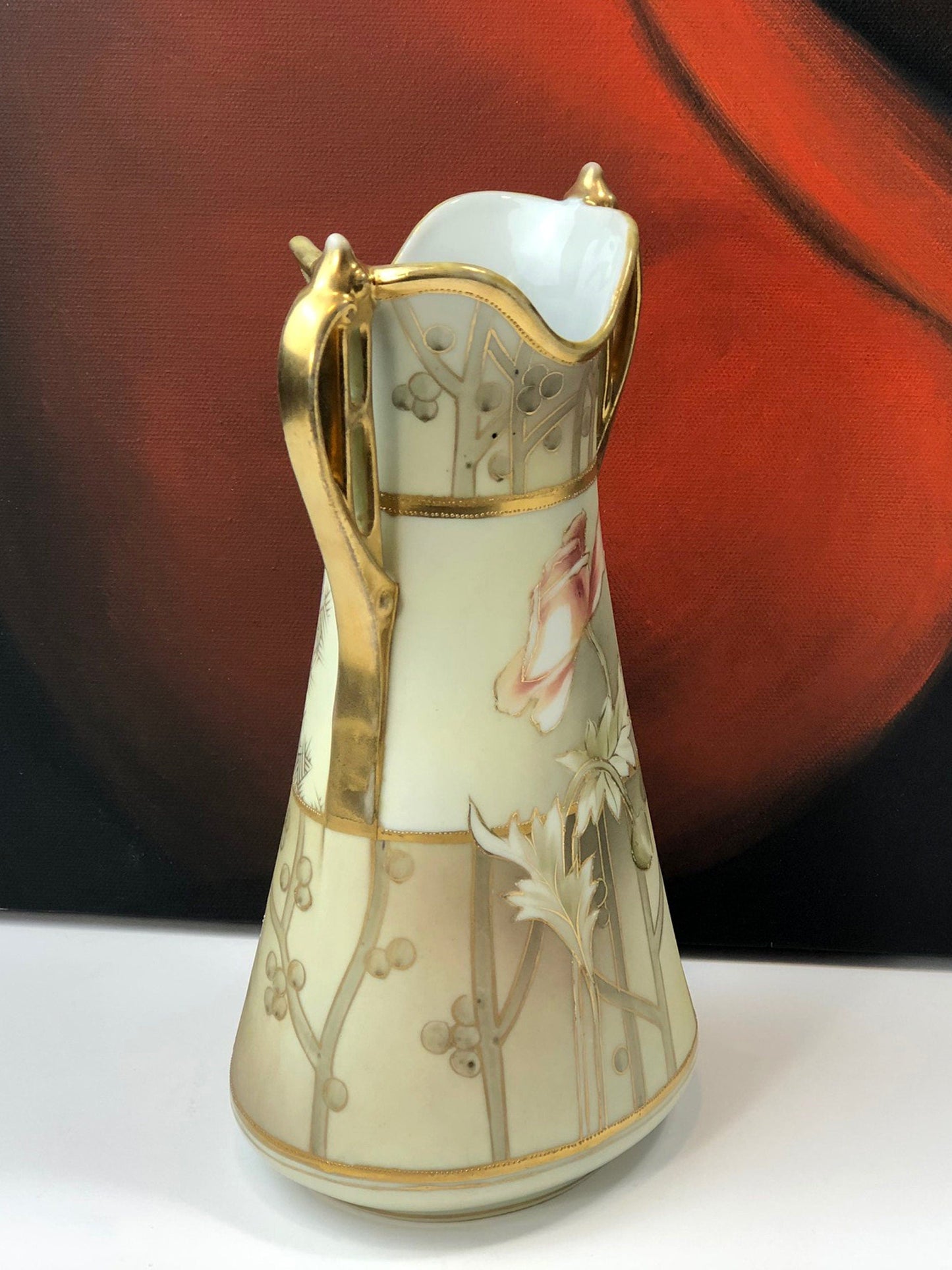 Handbemalte Jugendstil Nippon Vase, antike japanische Gold Blumenurne