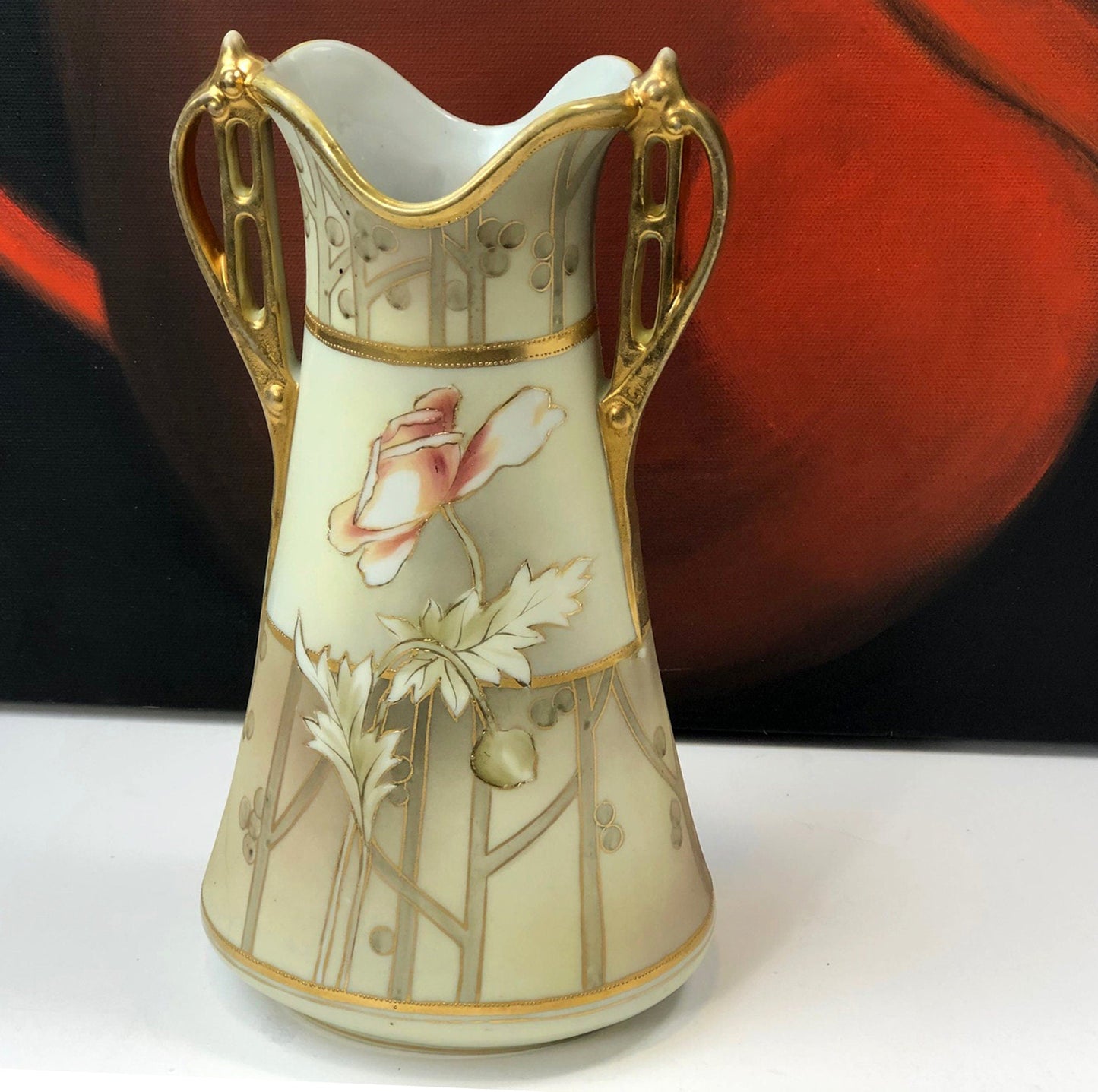 Handbemalte Jugendstil Nippon Vase, antike japanische Gold Blumenurne