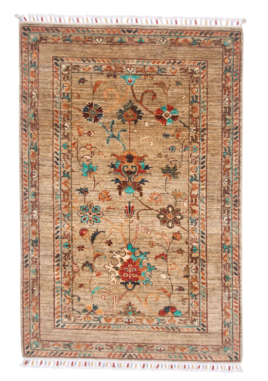 Afghan Khorjin Rug -  (3'03"x4'11") camel/turquoise