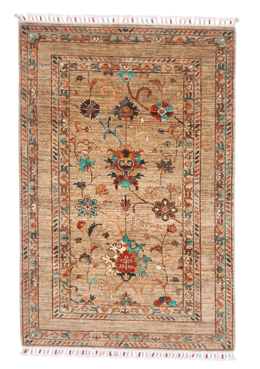 Afghan Khorjin Rug -  (3'03"x4'11") camel/turquoise