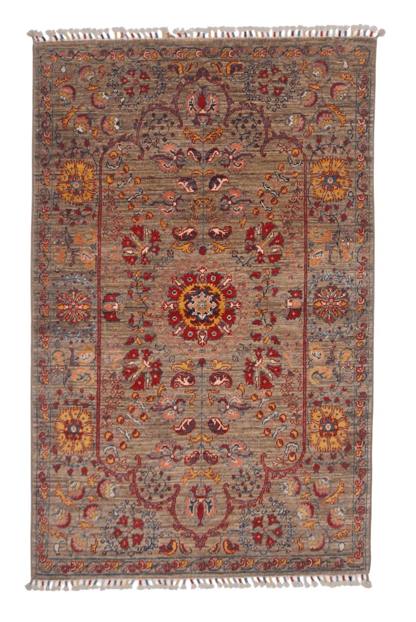 Afghan Khorjin - Suzani Rug - (3'02"x5'00") camel/red