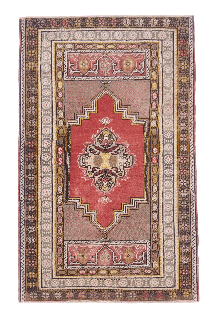 Vintage Turkish Rug 3'0" x 5'4" – Light Red & Gold